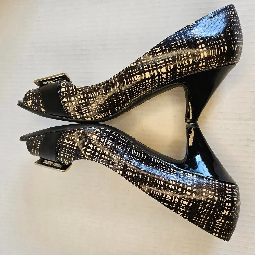 Black/White Plaid Anne Klein iflex Akdane Peep Toe Pumps Size 9.5 M‎
